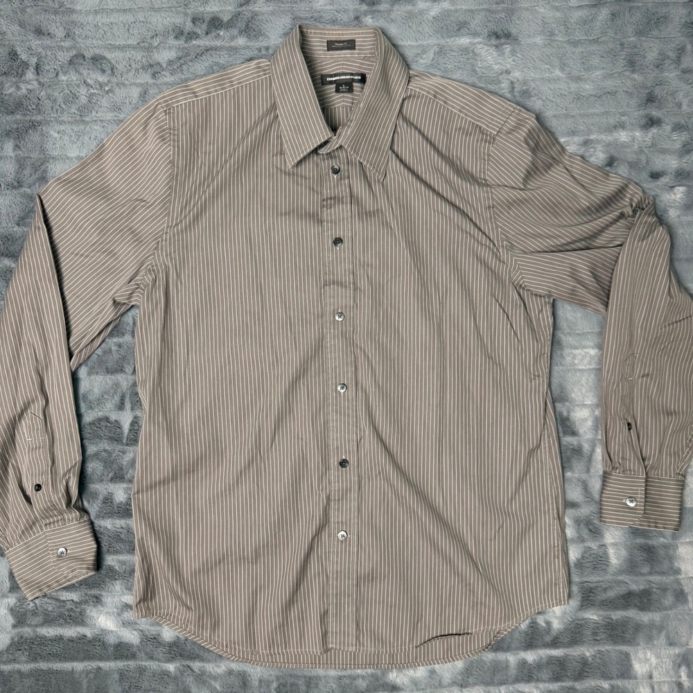 Express Design Studio Mens Brown Pinstripe Cotton Button Down Shirt Modern Fit L